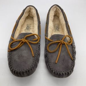 UGG GREY LEATHER MOCCASIN SLIPPERS